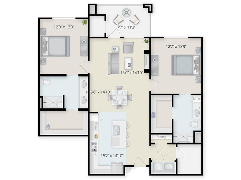 2-bedroom 2-bath 1389 sq ft