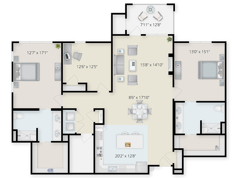 2-bedroom 2-bath Den 1905 sq ft