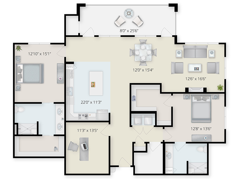 2-bedroom 2-bath Den 1924 sq ft