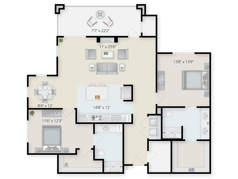 2-bedroom 2-bath 1590 sq ft